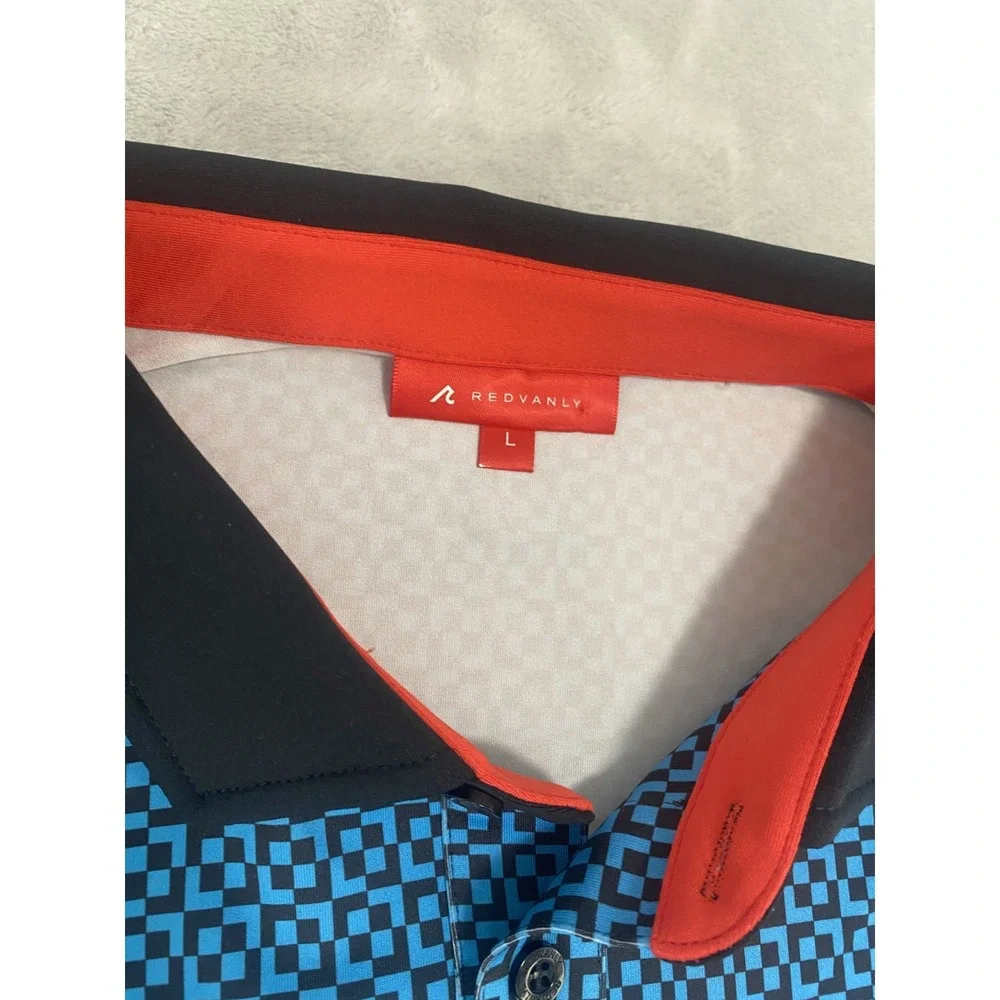 Redvanly‎ Blake Polo Shirt Mens Large Blue Tuxedo Logo Geometric Comfort Stretch - Picture 3 of 6